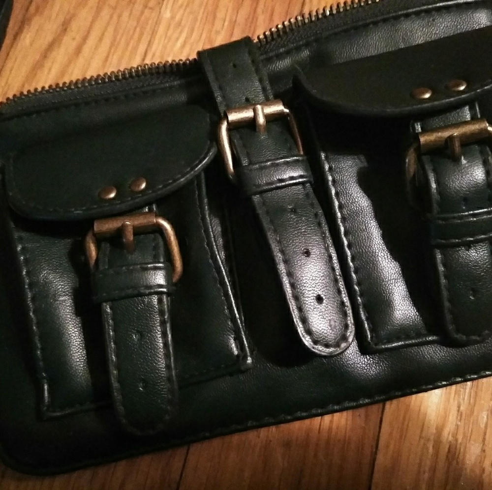 Dark green leather wristlet